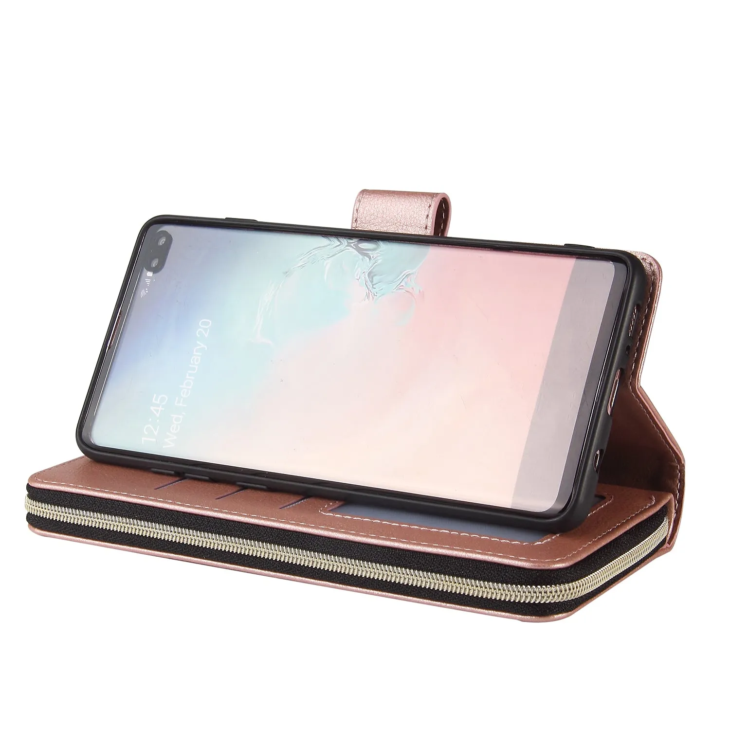 For Samsung S10/S20/S10E/ S10 Plus Pu Leather  Mobile Phone Cover Zipper Card Bag   Wrist Strap brown