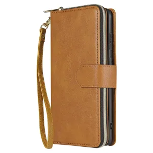 For Samsung S10/S20/S10E/ S10 Plus Pu Leather  Mobile Phone Cover Zipper Card Bag   Wrist Strap brown