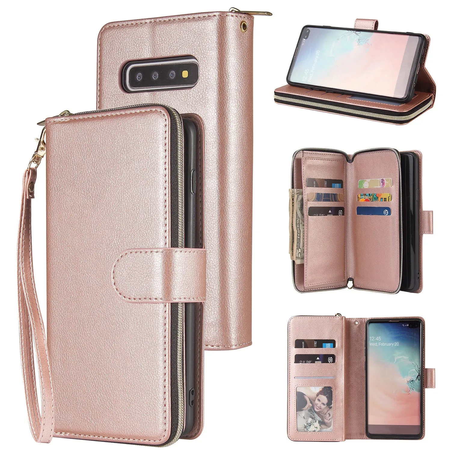 For Samsung S10/S20/S10E/ S10 Plus Pu Leather  Mobile Phone Cover Zipper Card Bag   Wrist Strap brown