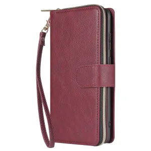 For Samsung S10/S20/S10E/ S10 Plus Pu Leather  Mobile Phone Cover Zipper Card Bag   Wrist Strap Red wine
