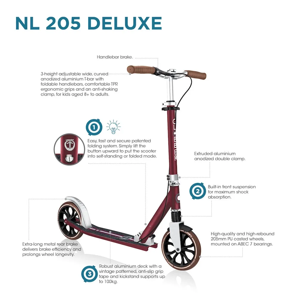 Globber NL205 Deluxe Big Wheels Kick Scooter for Kids - Vintage Red