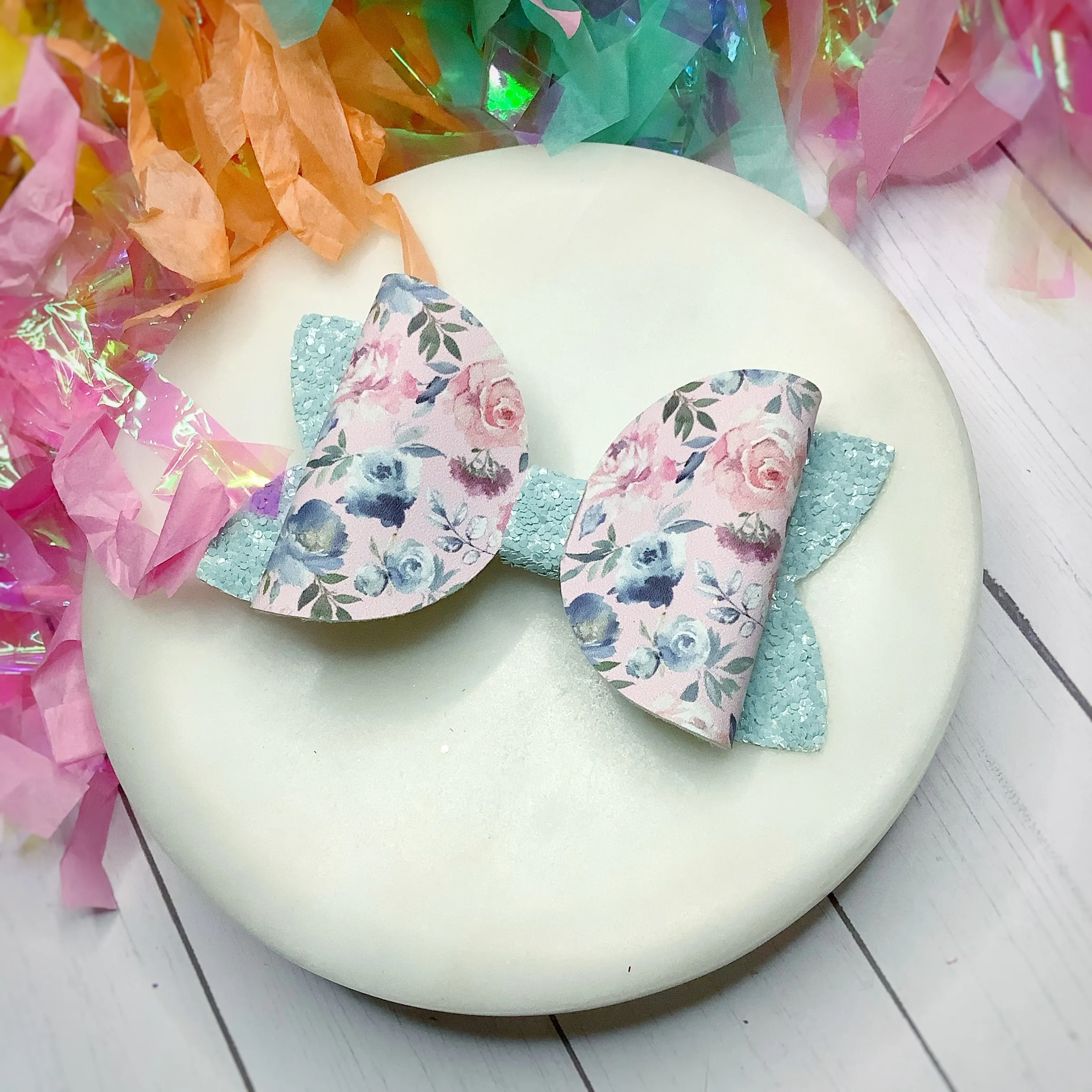 Grey and Pink Garden Riley Bow and 3.5” Faux Leather Bow Collection