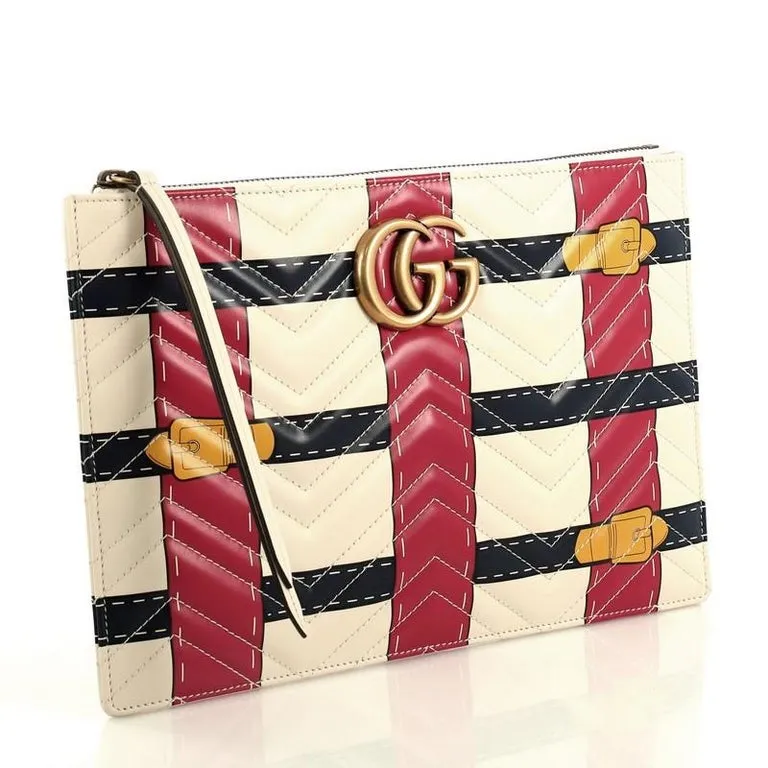 Gucci Matelasse Trompe L'Oeil Print GG Marmont Pouch in White