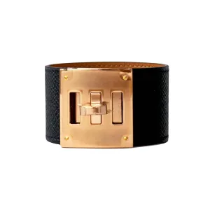 Hermes Black Kelly Dog Epsom Rose Gold Hardware Leather Cuff Bracelet