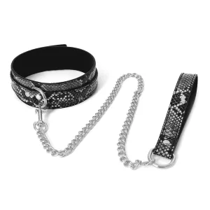 Kiotos Leather - Collar En leiband Met Reptielenprint - Zwart/Zilver