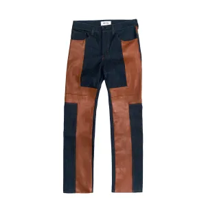 Leather Detail Denim - Indigo / Brown