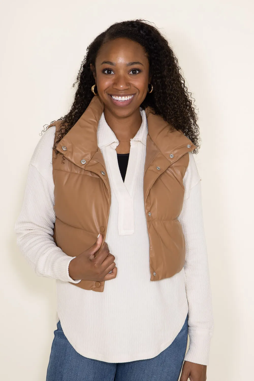 Love Tree Faux Leather Cropped Puffer Vest for Women in Brown | 5096VH-CAMEL