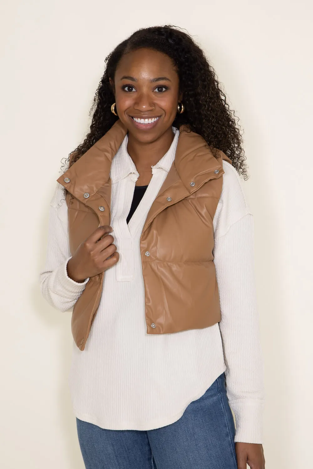 Love Tree Faux Leather Cropped Puffer Vest for Women in Brown | 5096VH-CAMEL