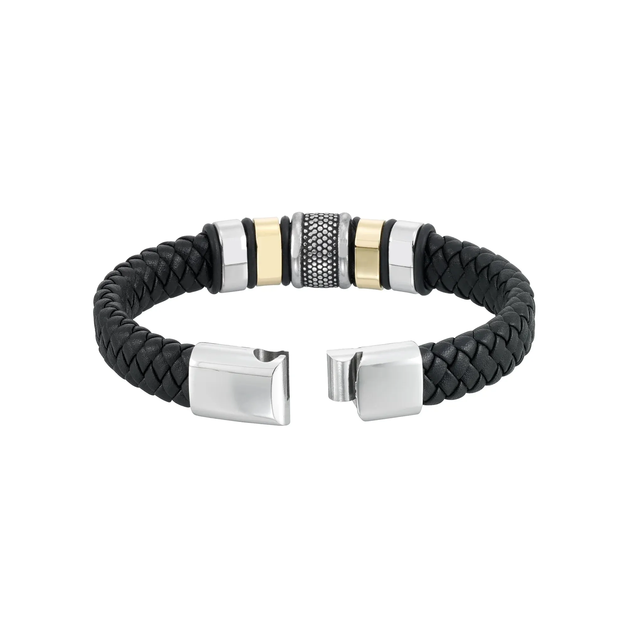 NEW Retails $57, Focus for Men by Focus Men Bold Station Bracelet in Genuine Woven Black Leather and Brilliant White Stainless Steel and Gold Tone Ion Plating, 8.5"