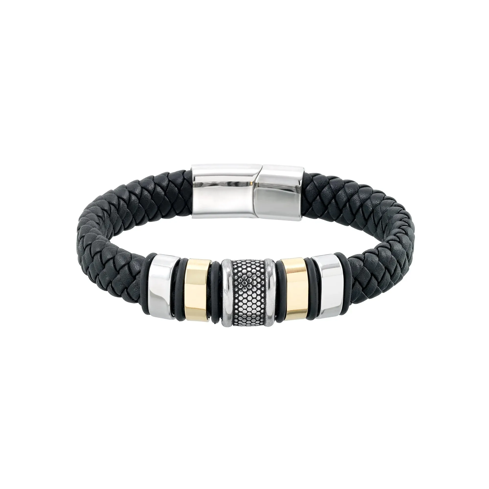 NEW Retails $57, Focus for Men by Focus Men Bold Station Bracelet in Genuine Woven Black Leather and Brilliant White Stainless Steel and Gold Tone Ion Plating, 8.5"