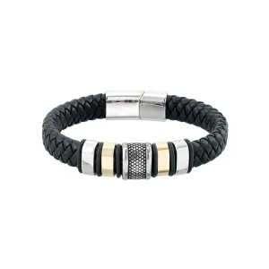 NEW Retails $57, Focus for Men by Focus Men Bold Station Bracelet in Genuine Woven Black Leather and Brilliant White Stainless Steel and Gold Tone Ion Plating, 8.5"