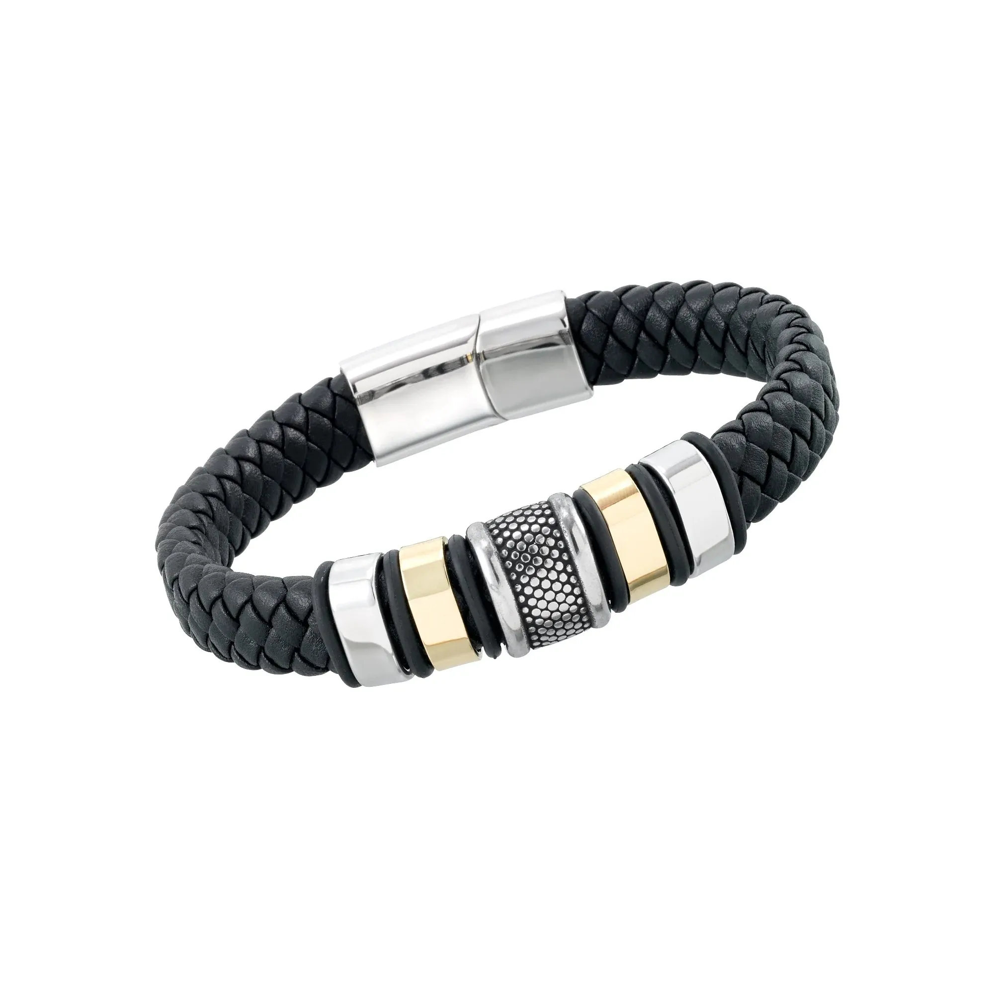 NEW Retails $57, Focus for Men by Focus Men Bold Station Bracelet in Genuine Woven Black Leather and Brilliant White Stainless Steel and Gold Tone Ion Plating, 8.5"