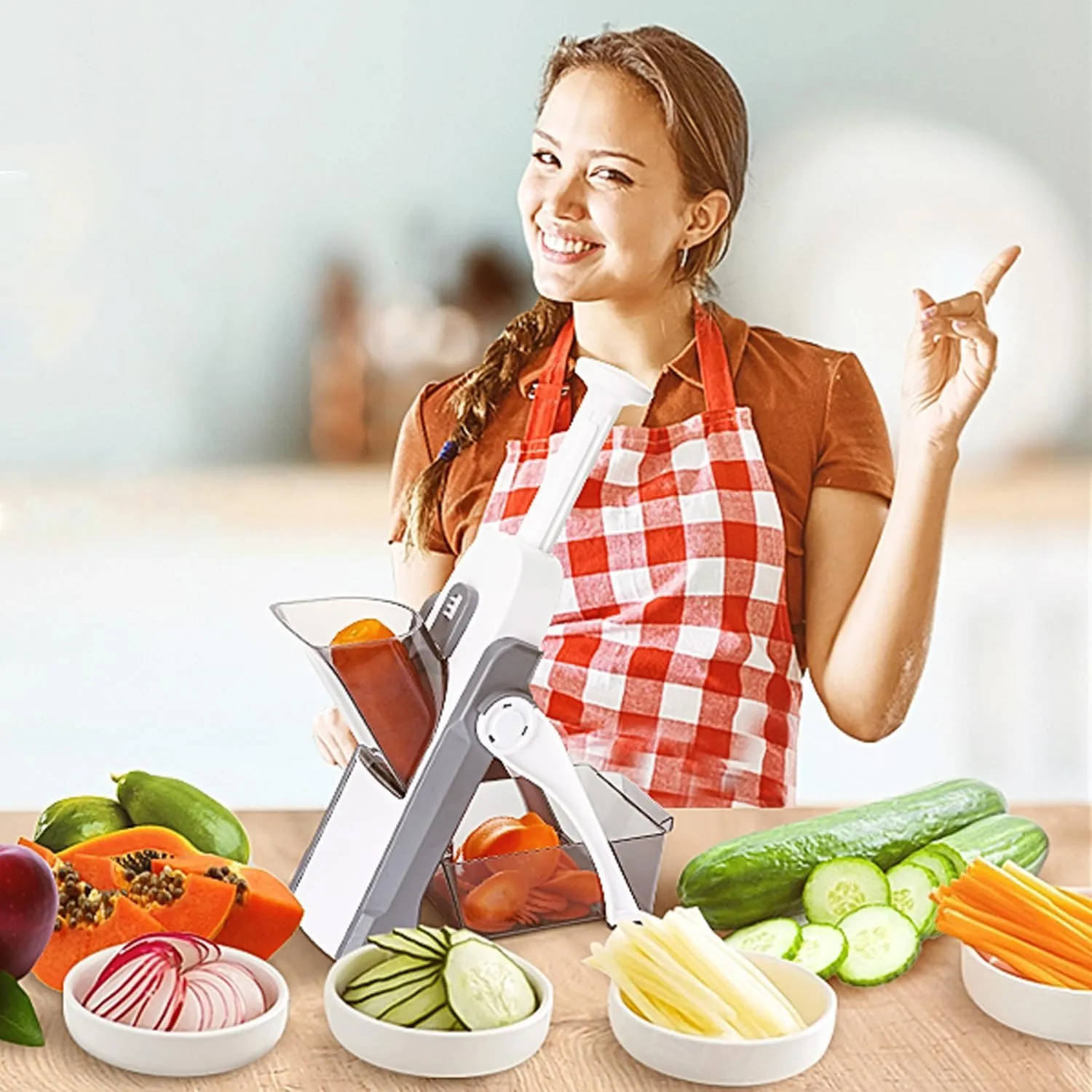 NEW ROMINO Vegetable Cutter for Kitchen, Vegetable Slicer and Chopper, 3in1 Multifunctional Push and Cut Vegetable Shredder Spring Slicer, Mandoline Chopper, Onion Slicer, Grater with Stainless Steel Blades, Retails $46