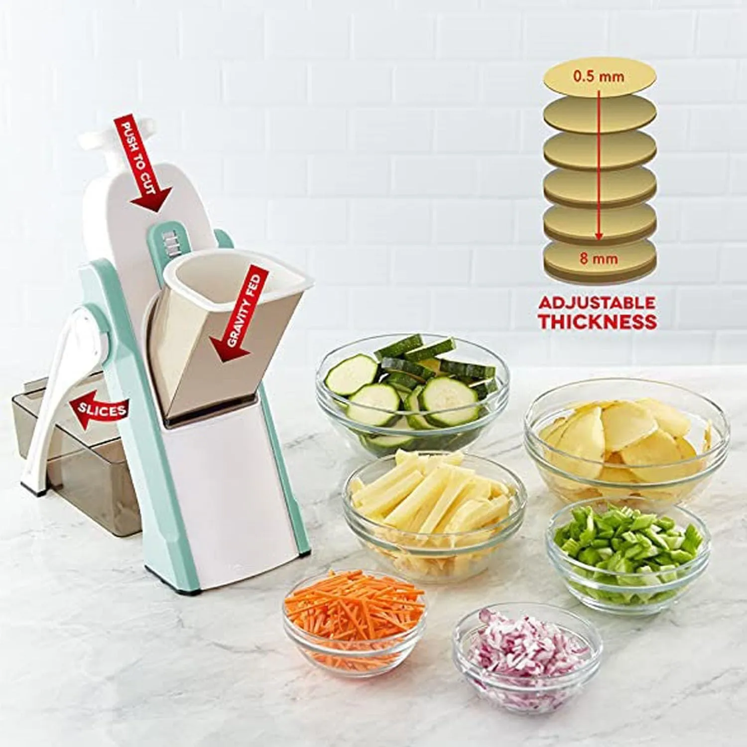 NEW ROMINO Vegetable Cutter for Kitchen, Vegetable Slicer and Chopper, 3in1 Multifunctional Push and Cut Vegetable Shredder Spring Slicer, Mandoline Chopper, Onion Slicer, Grater with Stainless Steel Blades, Retails $46