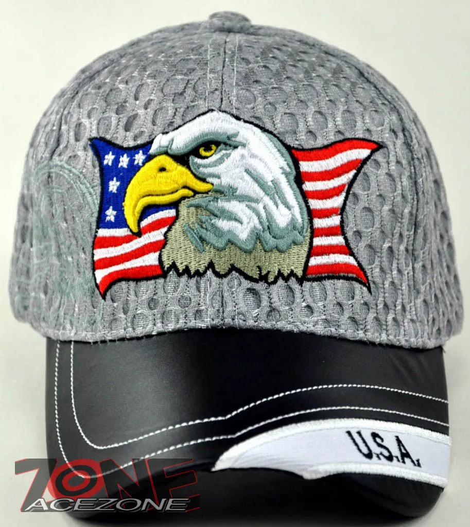NEW! W/LEATHER MESH EAGLE USA FLAG MILITARY CAP HAT GRAY