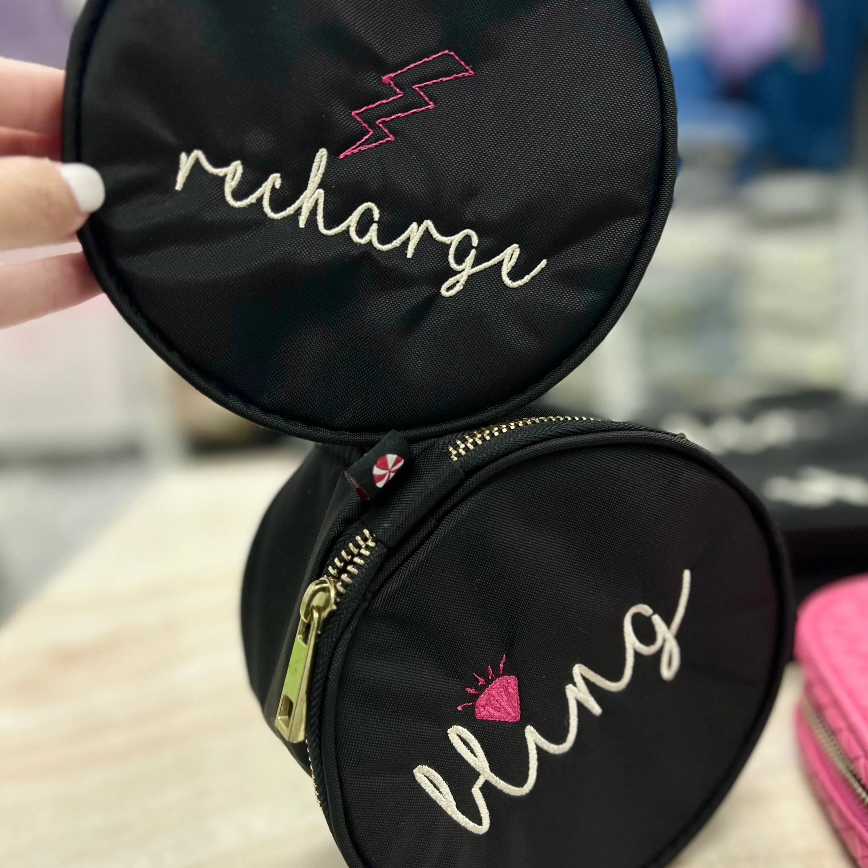 Personalized Nylon Black Brass Round Multi Purpose Pouch