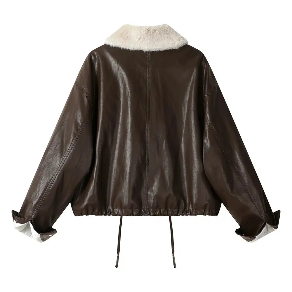 Plush Collar Faux Leather Jacket