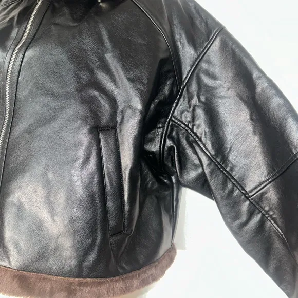 Pretty Little Thing Faux Fur &amp; Leather Cropped Jacket Size 12 NWT