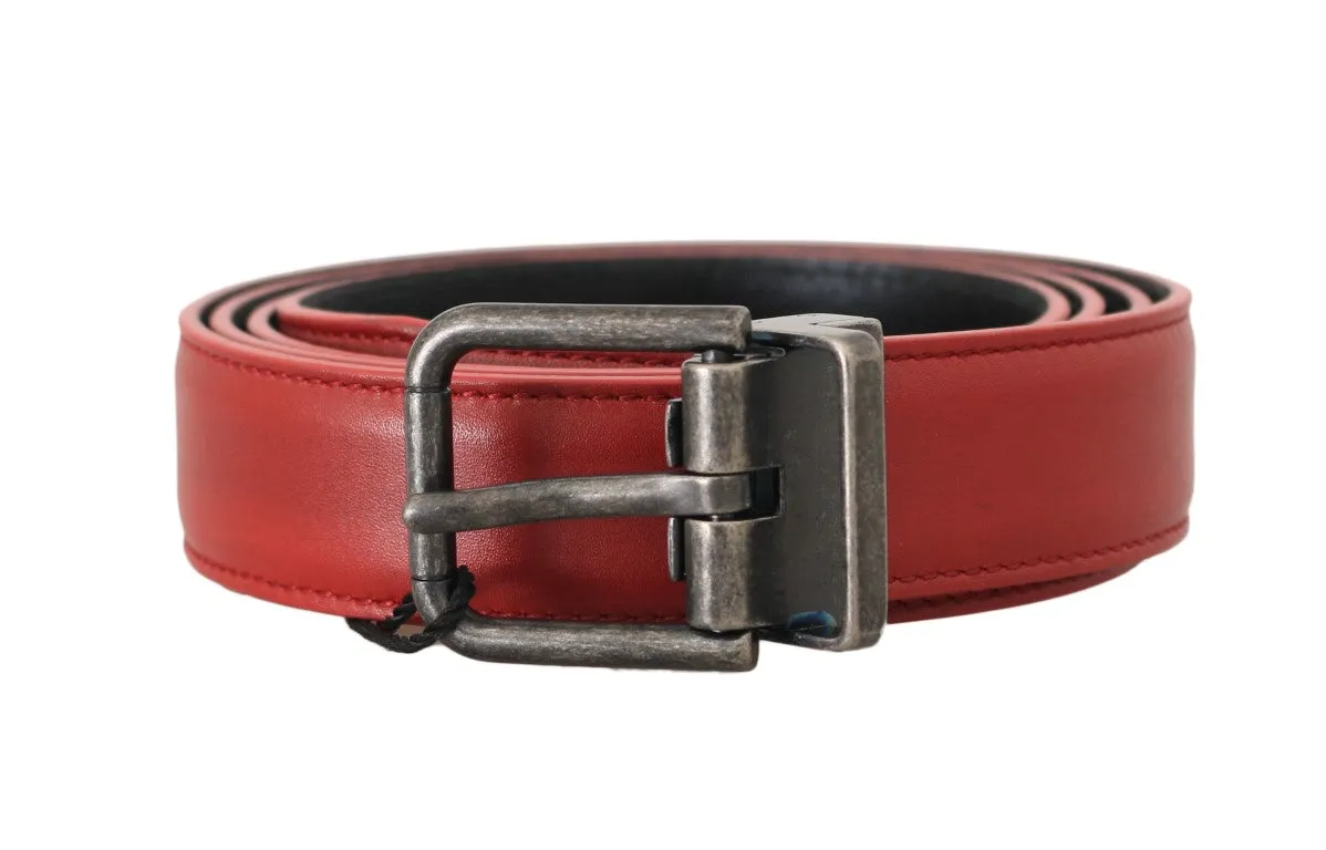 Red Leather Gray Brushed Buckle Mens Belt