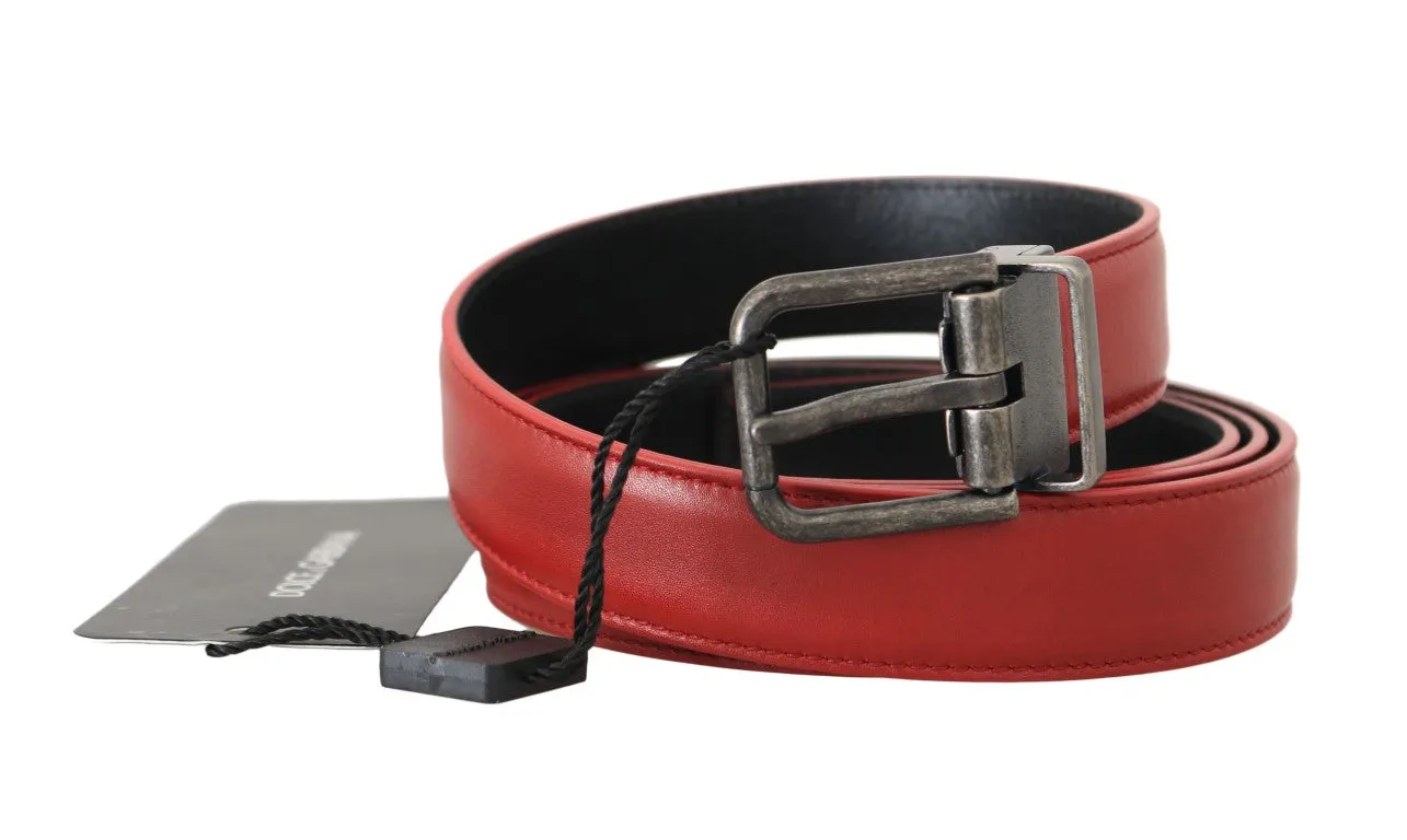 Red Leather Gray Brushed Buckle Mens Belt