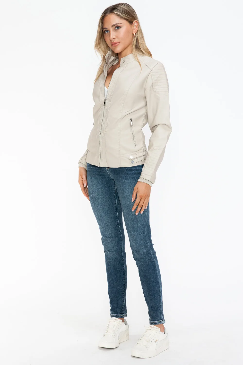 Sand Color Faux Leather Biker Jacket with Side Zip Pockets