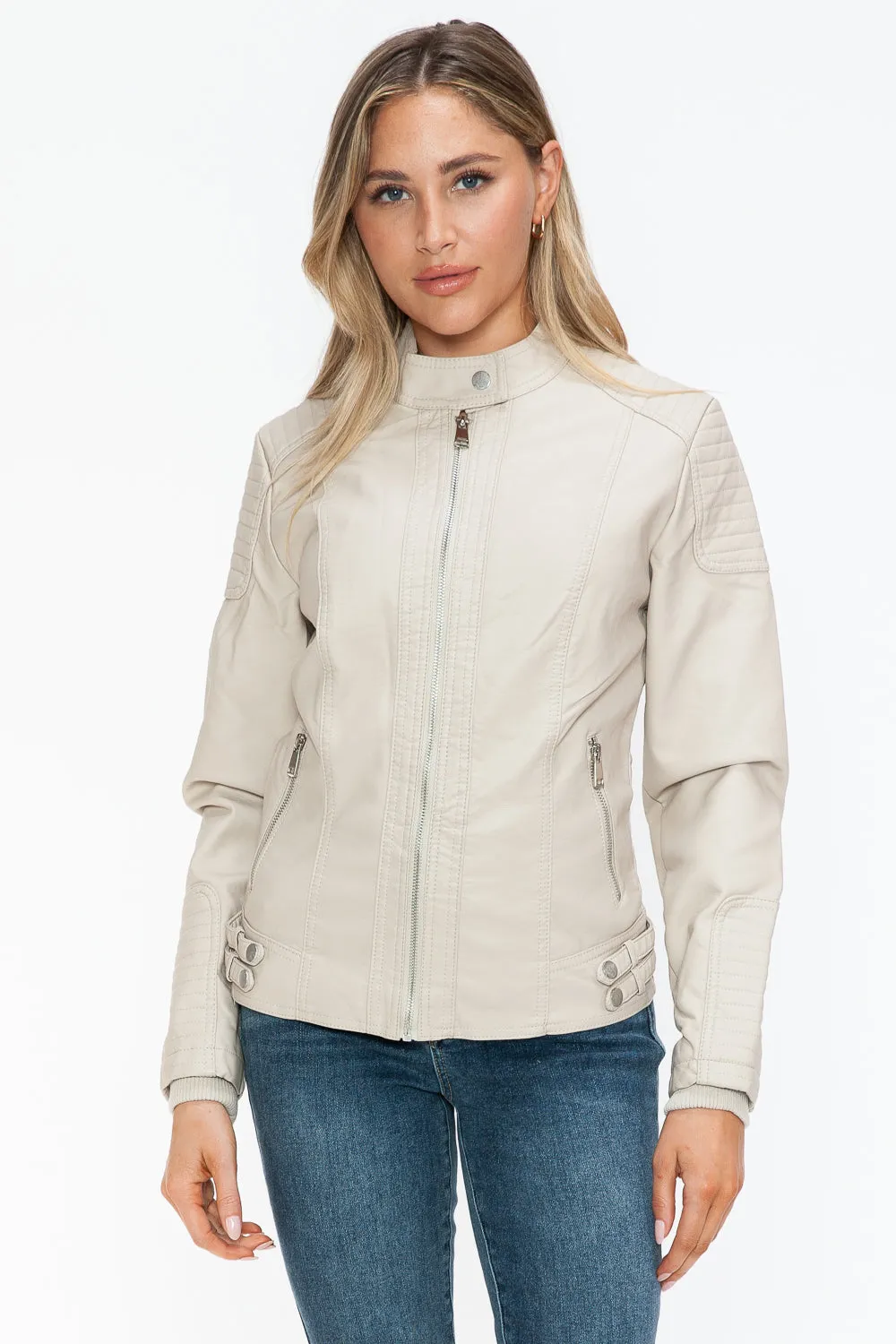 Sand Color Faux Leather Biker Jacket with Side Zip Pockets