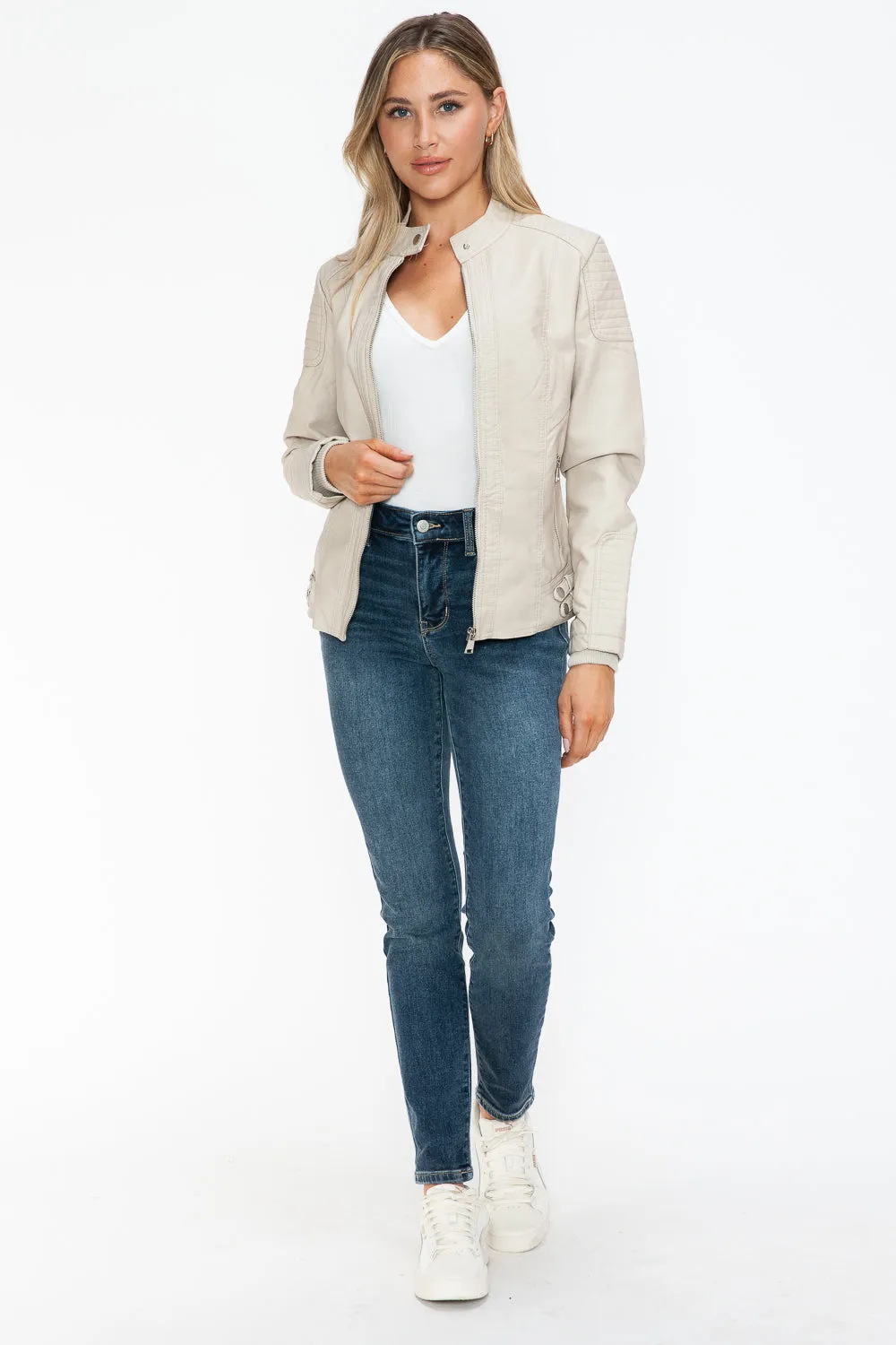 Sand Color Faux Leather Biker Jacket with Side Zip Pockets