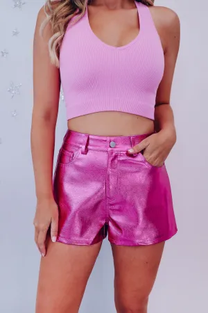 Savvy Shimmer Faux Leather Shorts - Pink