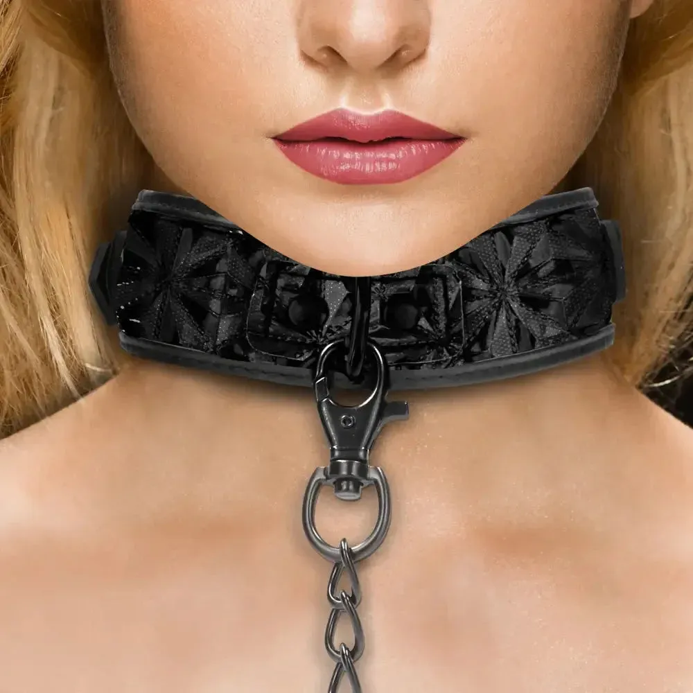 Shots Black Leather Luxury Collar with Leash and Buckles