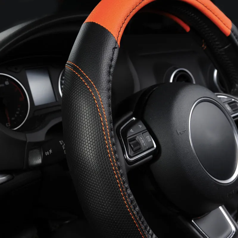 Sports Style Pu Leather Car Steering Wheel Cover - Black,Orange