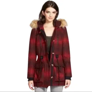 Steve Madden Red Stripe Hooded Faux Fur