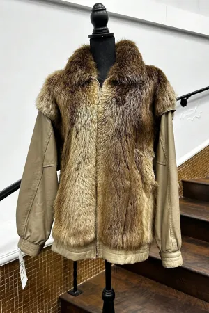 Vintage Beige Beaver Jacket with Detachable Leather Sleeves