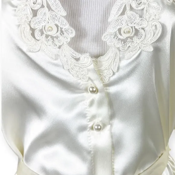 Vintage California Peignoir Satin Robe Ivory Sequins Faux Pearls Small