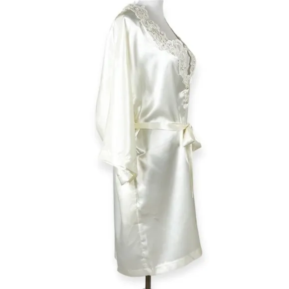 Vintage California Peignoir Satin Robe Ivory Sequins Faux Pearls Small