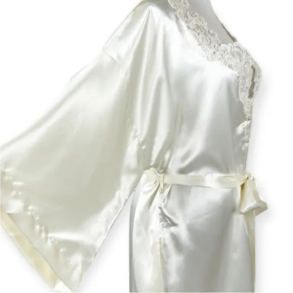 Vintage California Peignoir Satin Robe Ivory Sequins Faux Pearls Small