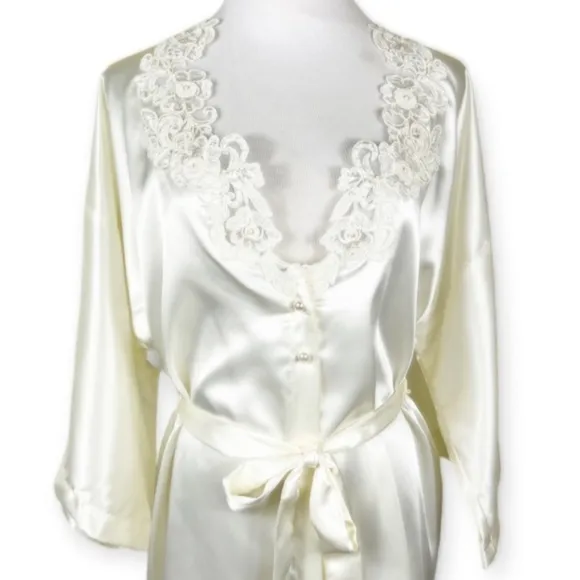Vintage California Peignoir Satin Robe Ivory Sequins Faux Pearls Small