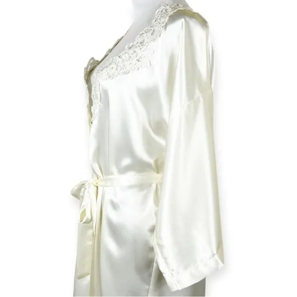 Vintage California Peignoir Satin Robe Ivory Sequins Faux Pearls Small