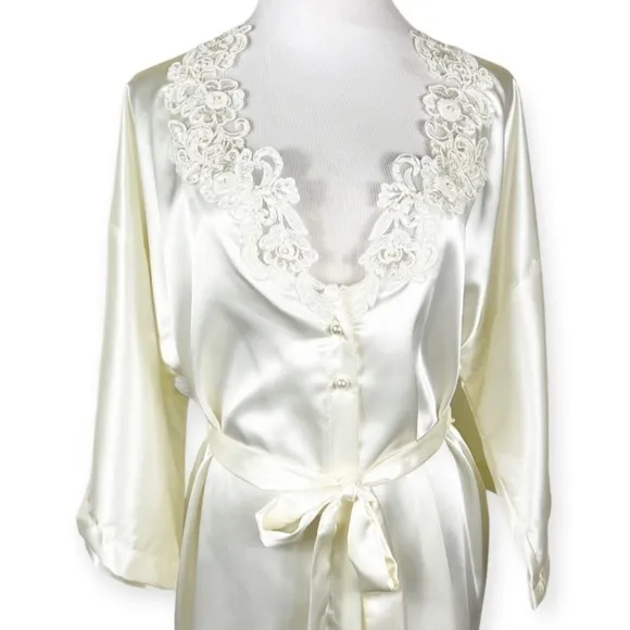 Vintage California Peignoir Satin Robe Ivory Sequins Faux Pearls Small