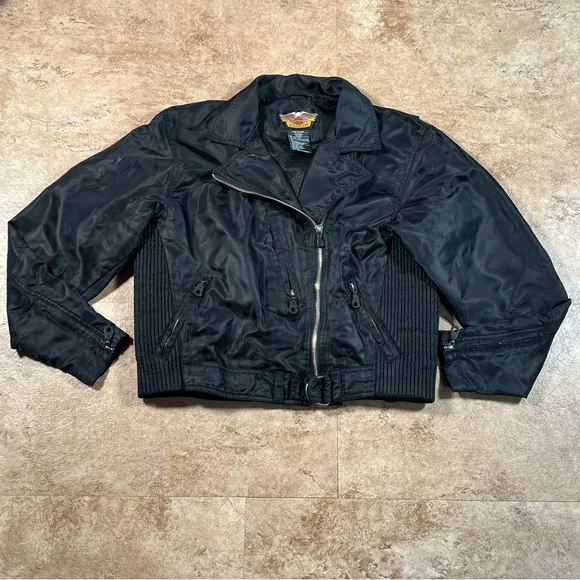 Women Harley Davidson Black Zippers‎ Moto Nylon Riding Biker Jacket Sz M