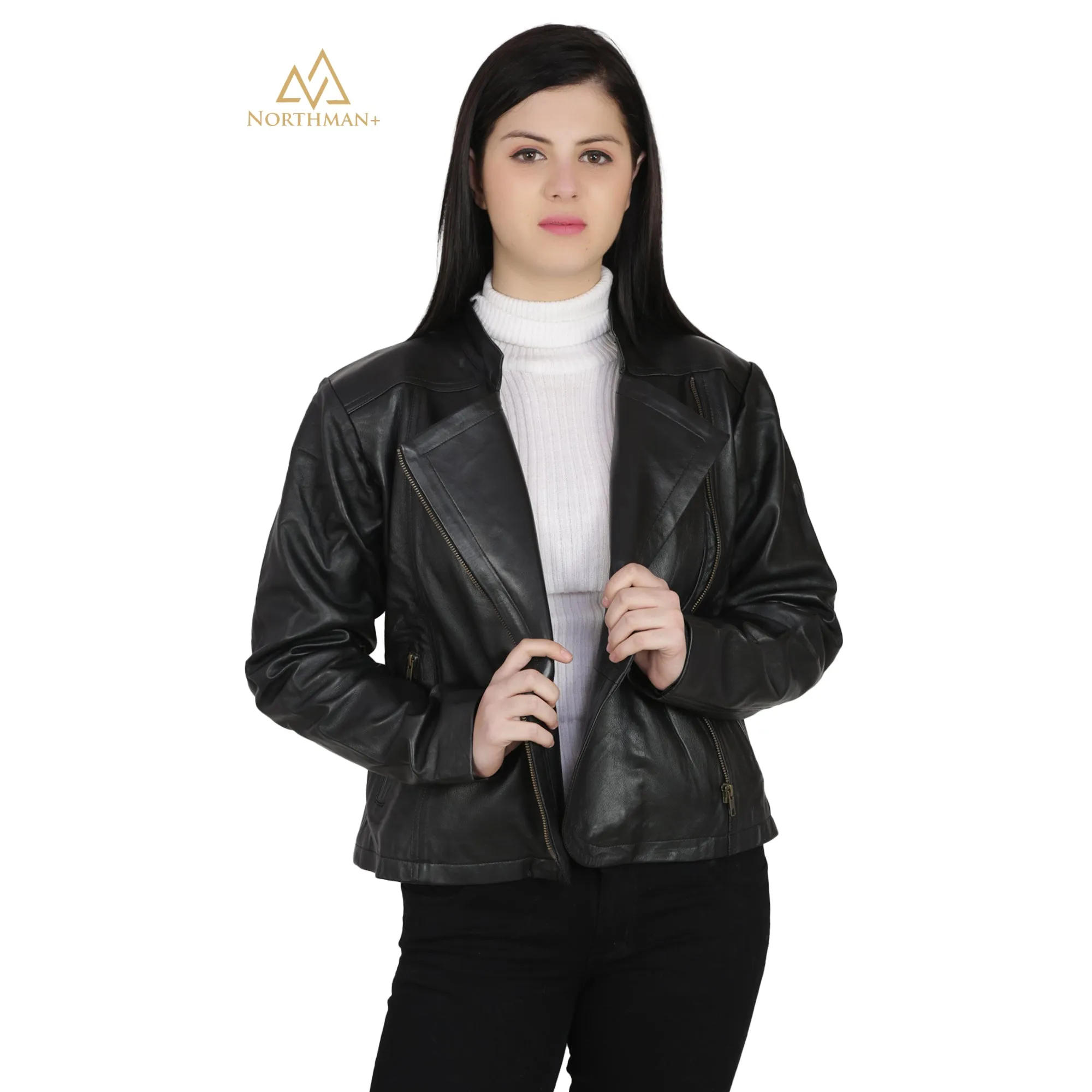 Women's Slim Fit Biker Cross Leather jacket : Biker Cross Zipped