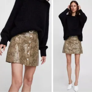 Zara Vinyl faux leather snakeskin print button down belted high waist skirt